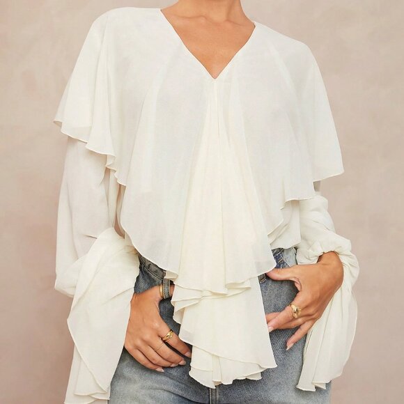 cream toned Casual Women's Boho Ruffled V-Neck Blouse top - Picture 4 of 8